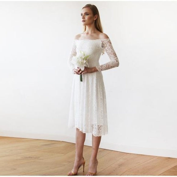 Ivory Off-The-Shoulder Floral Lace Lng Sleeve Midi - Picture 1 of 6